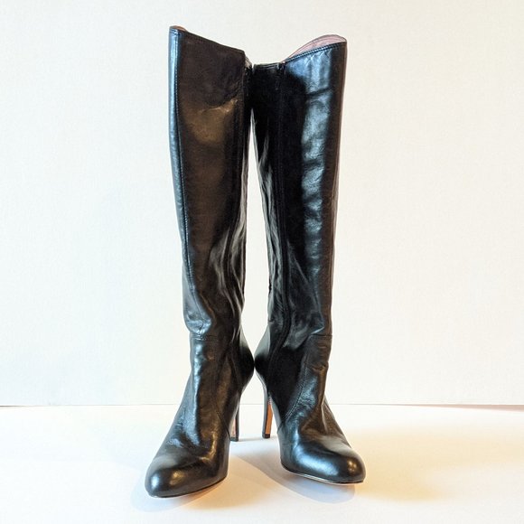 Corso Como Black Tall Leather Stiletto Heel Almond Toe Boots Women's Size 7 - Picture 3 of 15